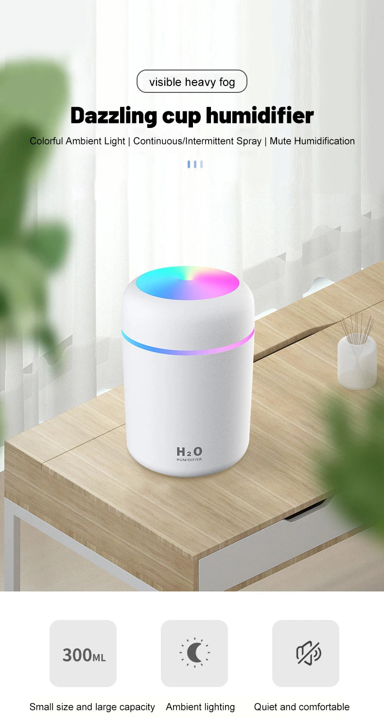 USB Cool Mist Sprayer Portable 300ml Electric Air Humidifier Aroma Oil Diffuser with Colorful Night Light for Home Car