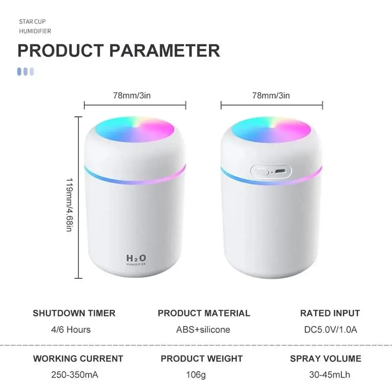 USB Cool Mist Sprayer Portable 300ml Electric Air Humidifier Aroma Oil Diffuser with Colorful Night Light for Home Car