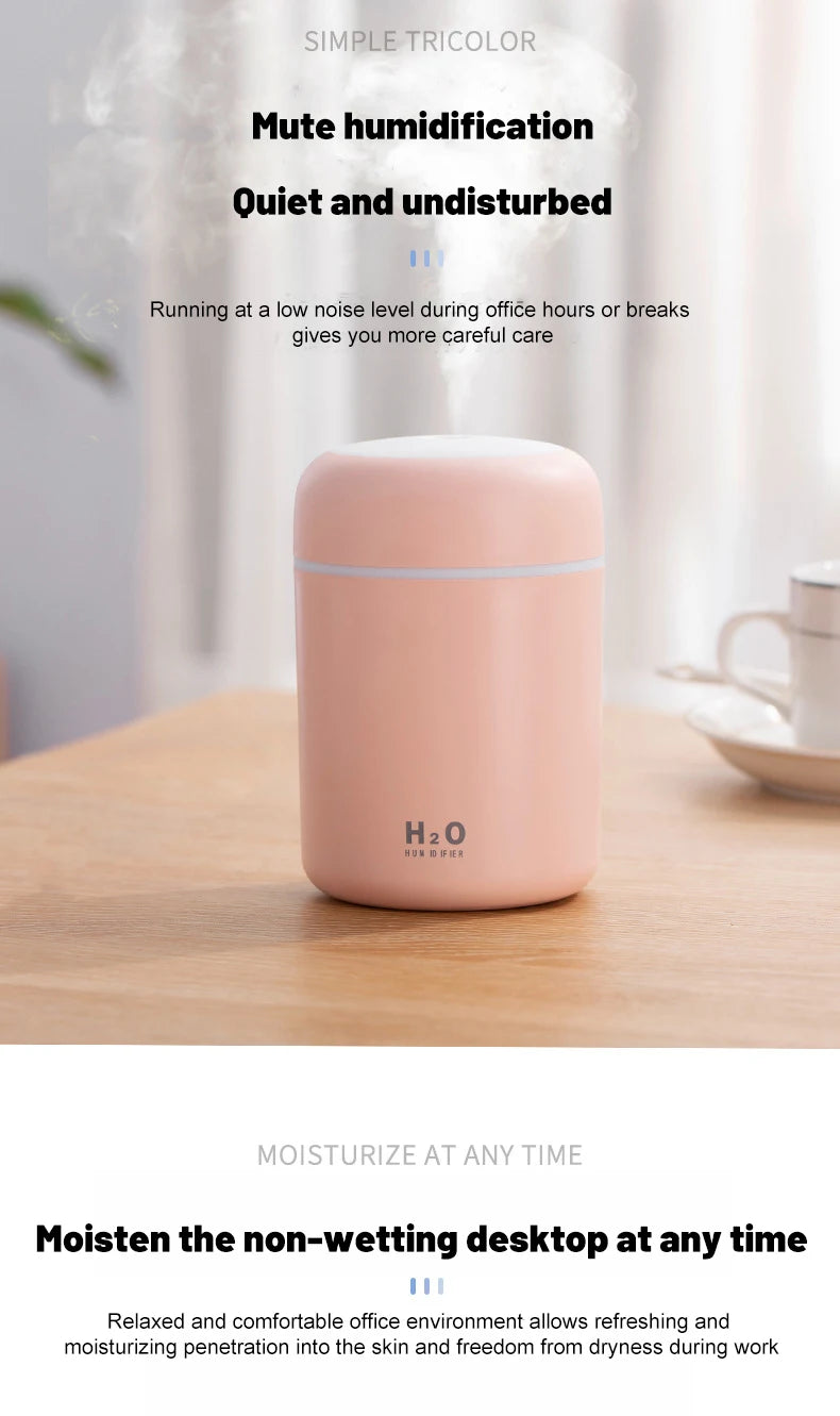 USB Cool Mist Sprayer Portable 300ml Electric Air Humidifier Aroma Oil Diffuser with Colorful Night Light for Home Car