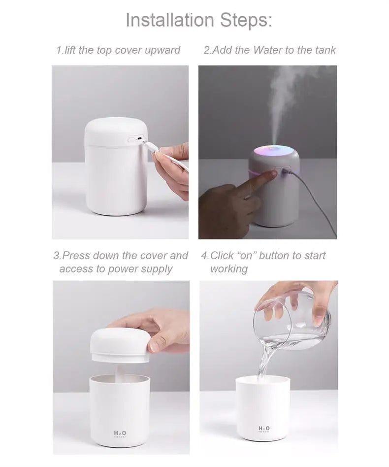 USB Cool Mist Sprayer Portable 300ml Electric Air Humidifier Aroma Oil Diffuser with Colorful Night Light for Home Car