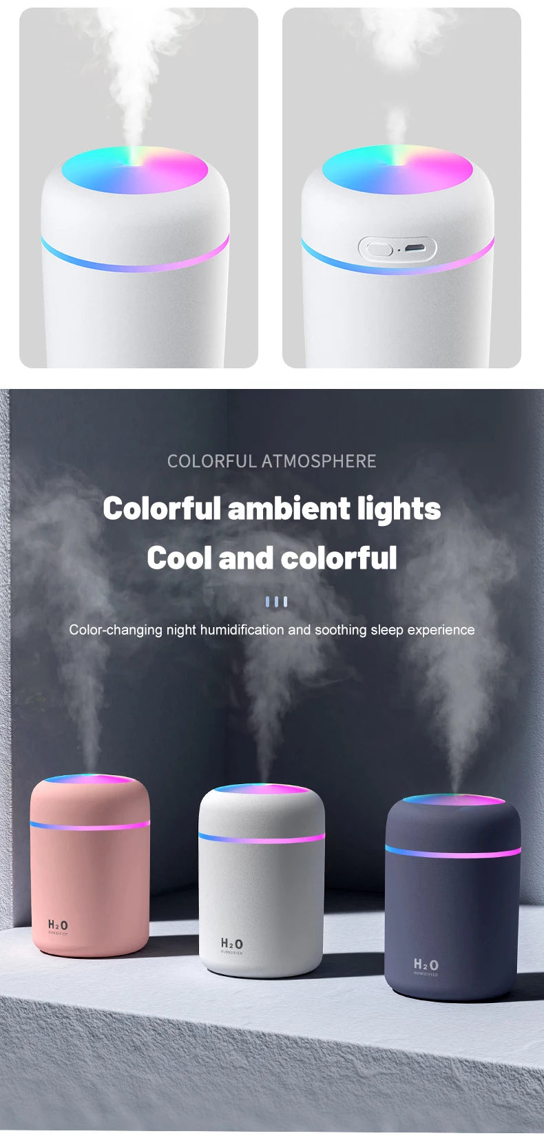 USB Cool Mist Sprayer Portable 300ml Electric Air Humidifier Aroma Oil Diffuser with Colorful Night Light for Home Car