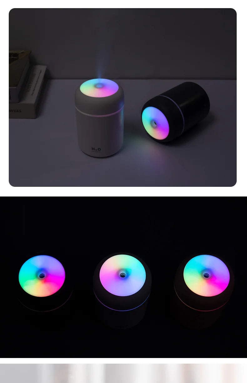 USB Cool Mist Sprayer Portable 300ml Electric Air Humidifier Aroma Oil Diffuser with Colorful Night Light for Home Car