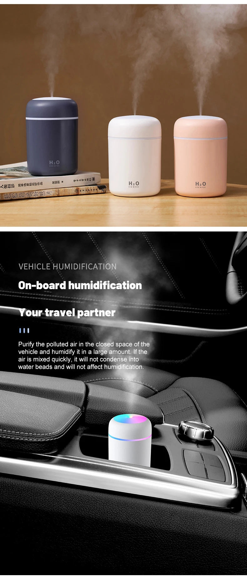 USB Cool Mist Sprayer Portable 300ml Electric Air Humidifier Aroma Oil Diffuser with Colorful Night Light for Home Car