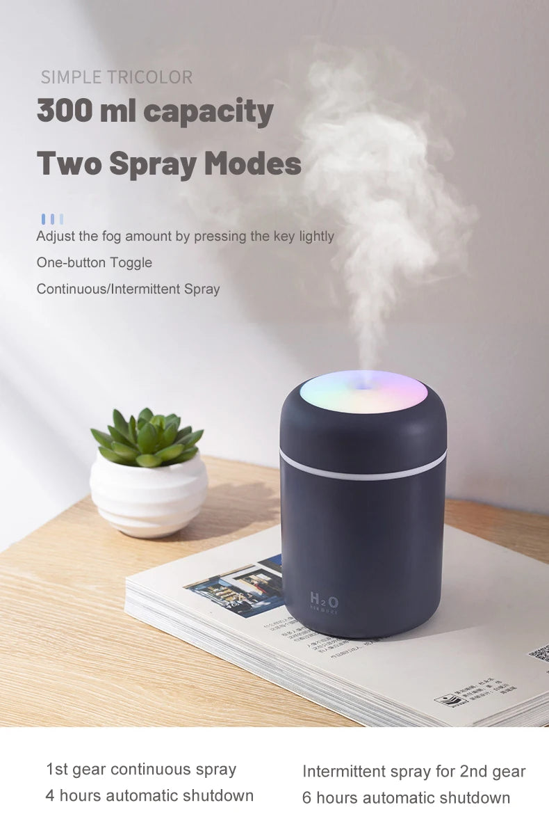 USB Cool Mist Sprayer Portable 300ml Electric Air Humidifier Aroma Oil Diffuser with Colorful Night Light for Home Car